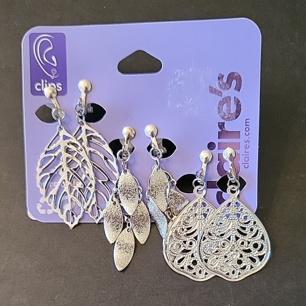 NEW Claire's Silver-tone Bohemian Filigree Clip Earrings Set